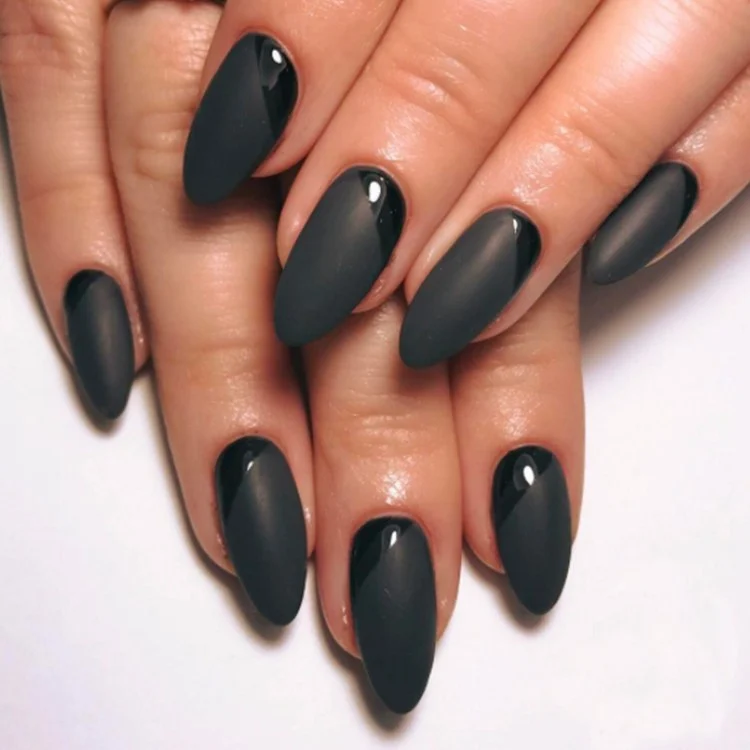 matte-and-glossy-black-manicure-design-long-nails-black nails