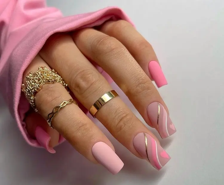 matte valentines day nail design art gold shades of pink