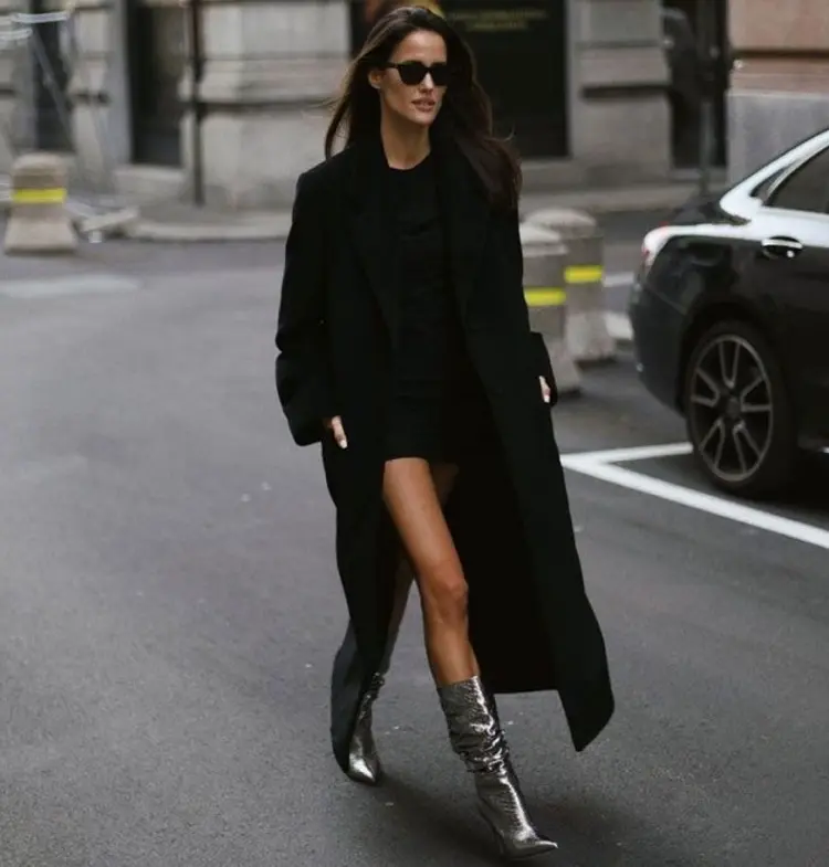 metallic boots silver how to wear them black coat sunnies outfit inspiration for 2023