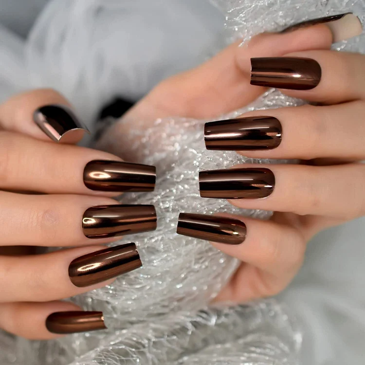 metallic shades dark brown long square nails