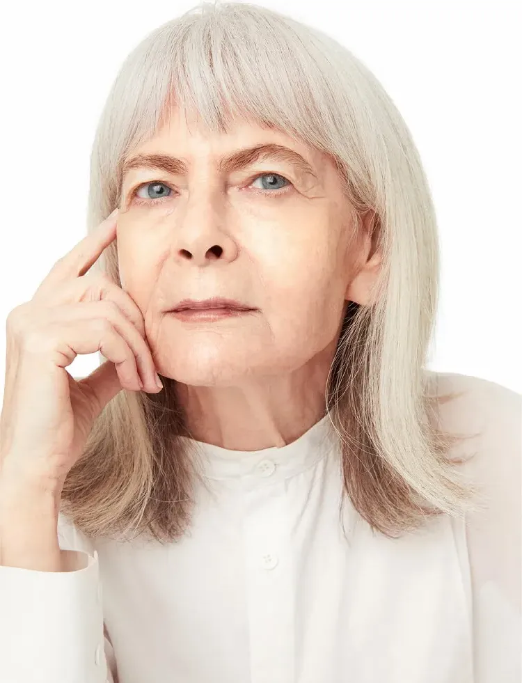 mid-length-cut-with-bangs-white-hair Lyn Slater’s hairstyles