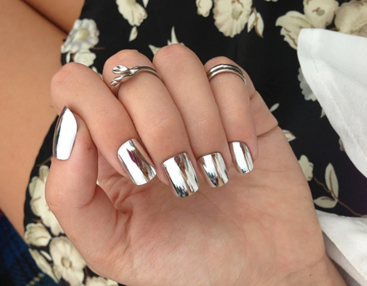 mirror manicure silver medium length nails