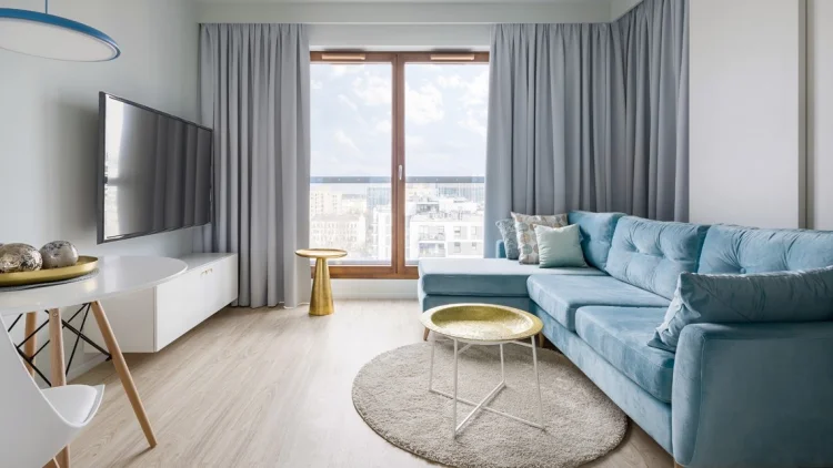 modern living room gray curtains monochrome