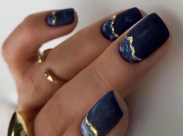 nail art ideas for short nails manicure design blue and gold foil matte