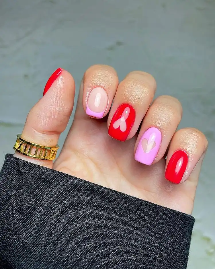 pink and red nails for valentines day february 2023