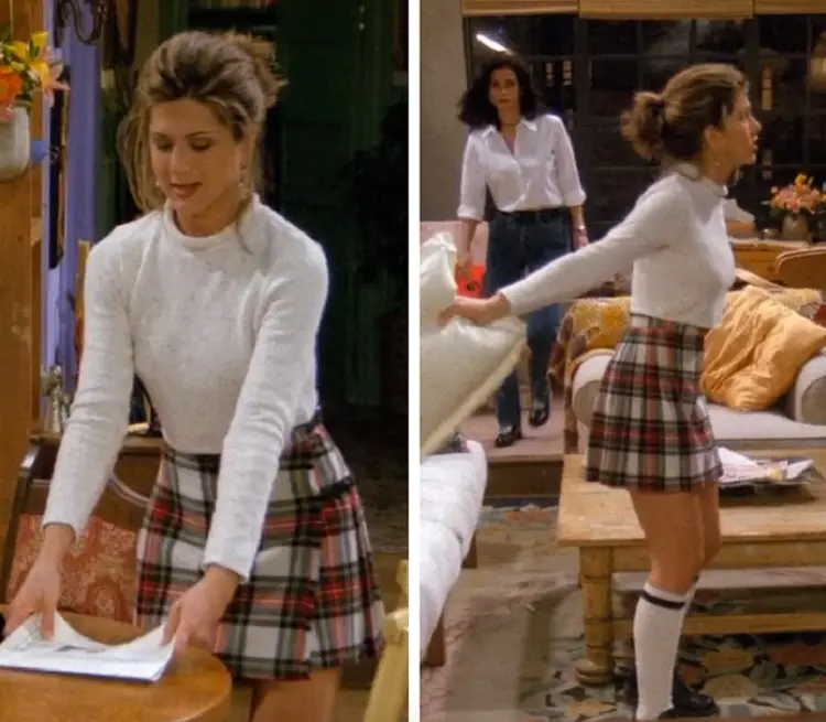 rachel green checked skirt and socks trendy outfit inspiration 2023 friends tv show