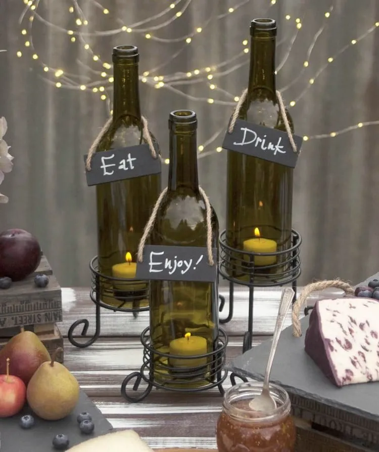 recycled decor empty wine bottles holiday table