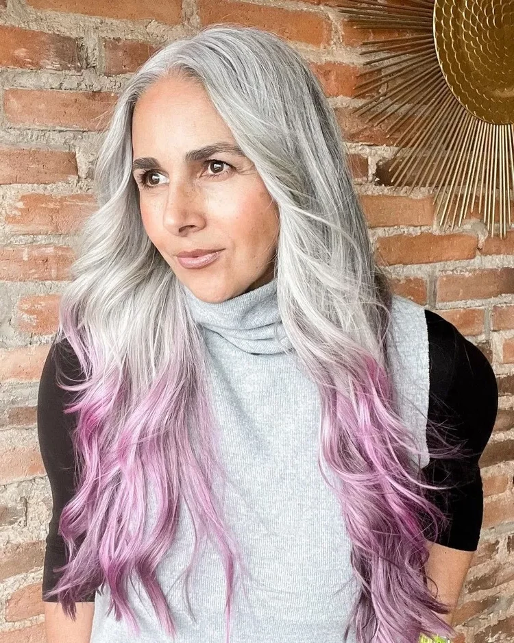 rejuvenating haircut at 60 enhancing grey hair with pink highlights