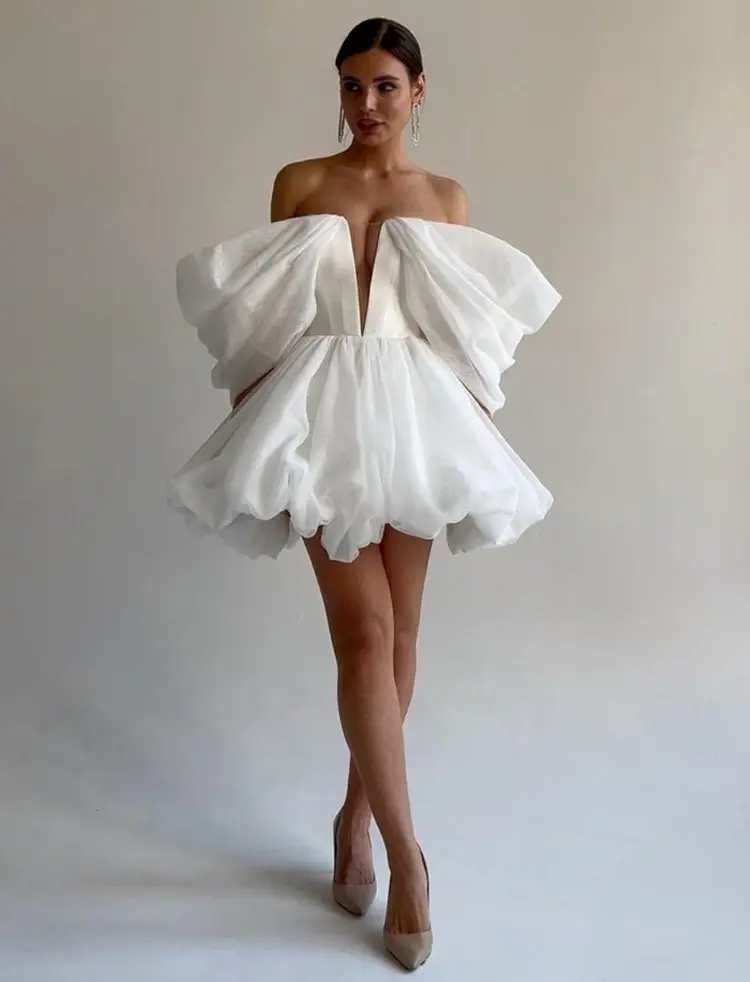 short wedding dress feminine bridal look fashion sleeves puff elegant style 2023