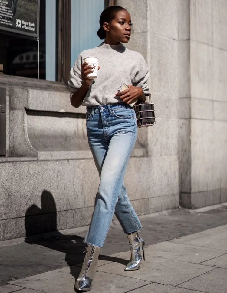 silver metallic boots jeans tshirt outfit ideas and inspiration