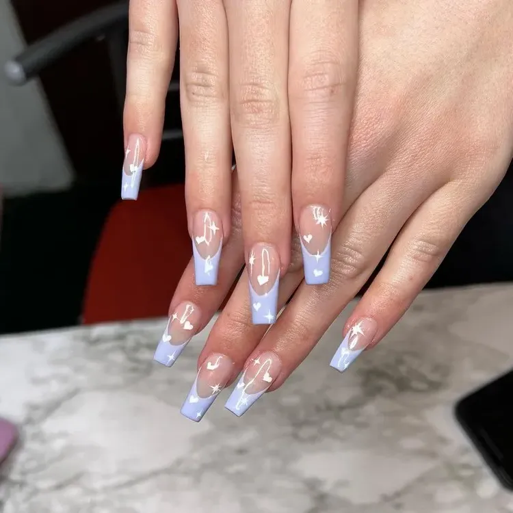 small white heart pale blue tips of nails manicure idea