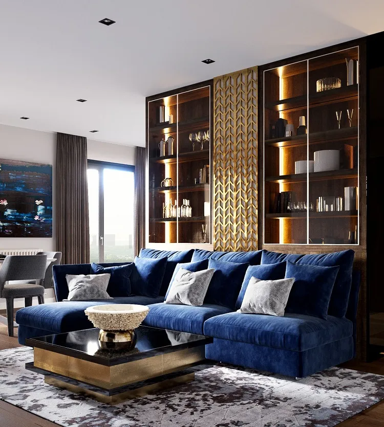 spacious living room interior design ideas blue couch very chic and luxury