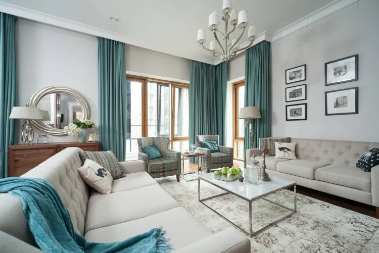 teal pearl long curtains gray walls and furniture