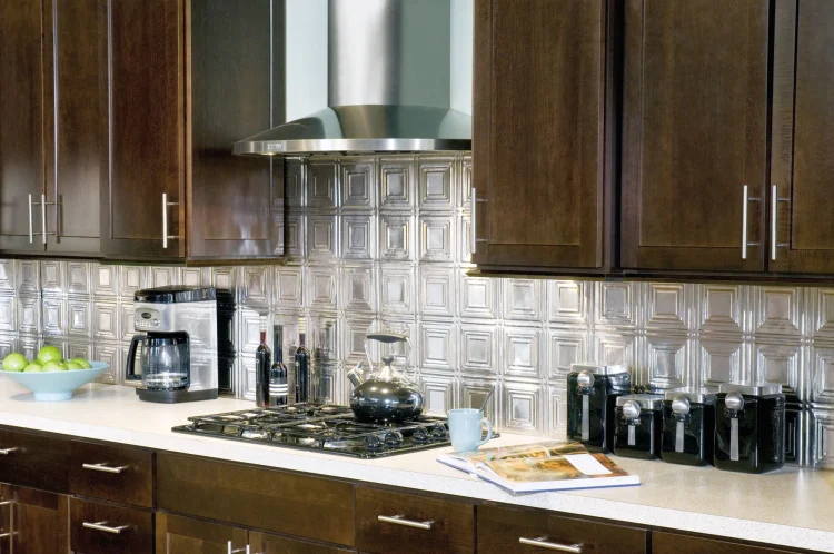tin tiles backsplash idea for classic wooden kitchen