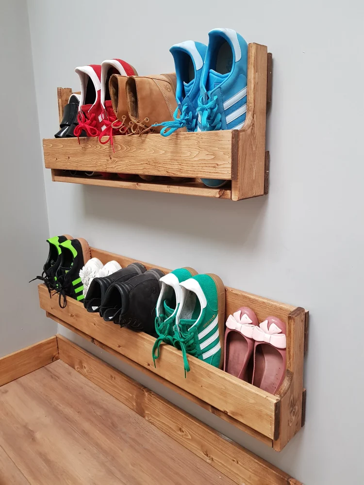 using walls in small entryways wooden shoe racks