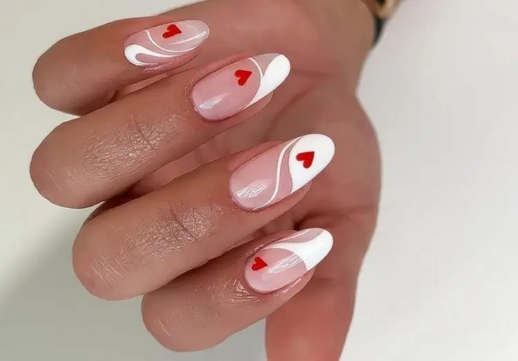 valentines day french manicure with red hearts