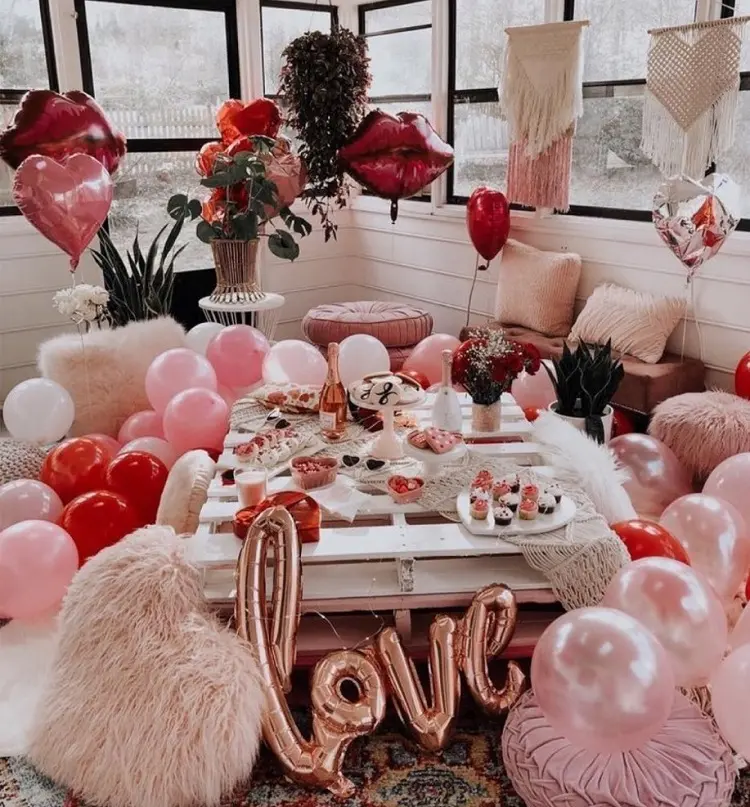 valentines day home decorations ideas pink balloons heart pillows macaroons romantic cute love