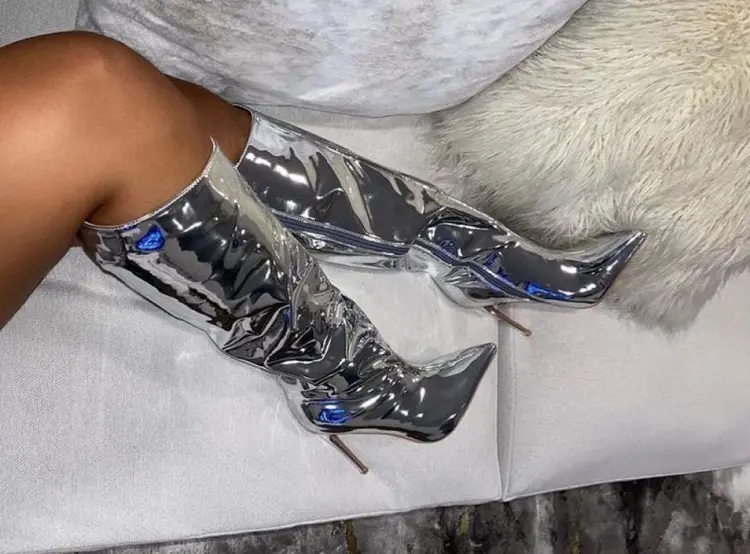what shoes are in style in 2023 metallic boots silver color knee high ideas on how to wear them
