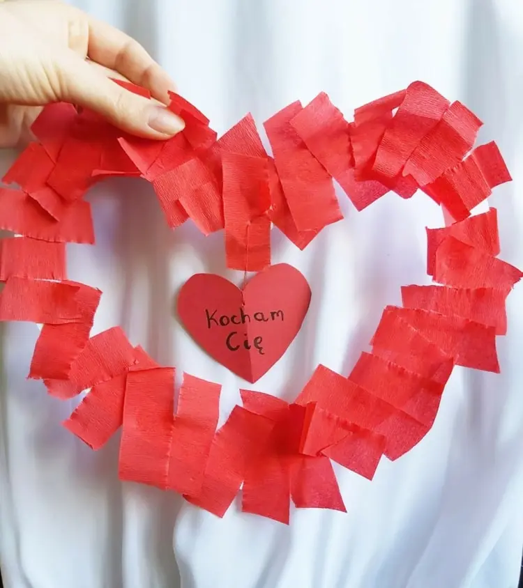 Heart shape with red crepe paper for hanging card and decoration in one