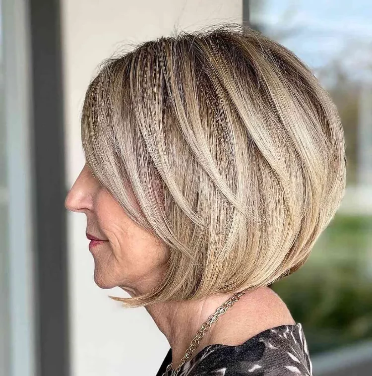 short bob hairstyles women over 60 with bangs Layered Bob 2023 ideas