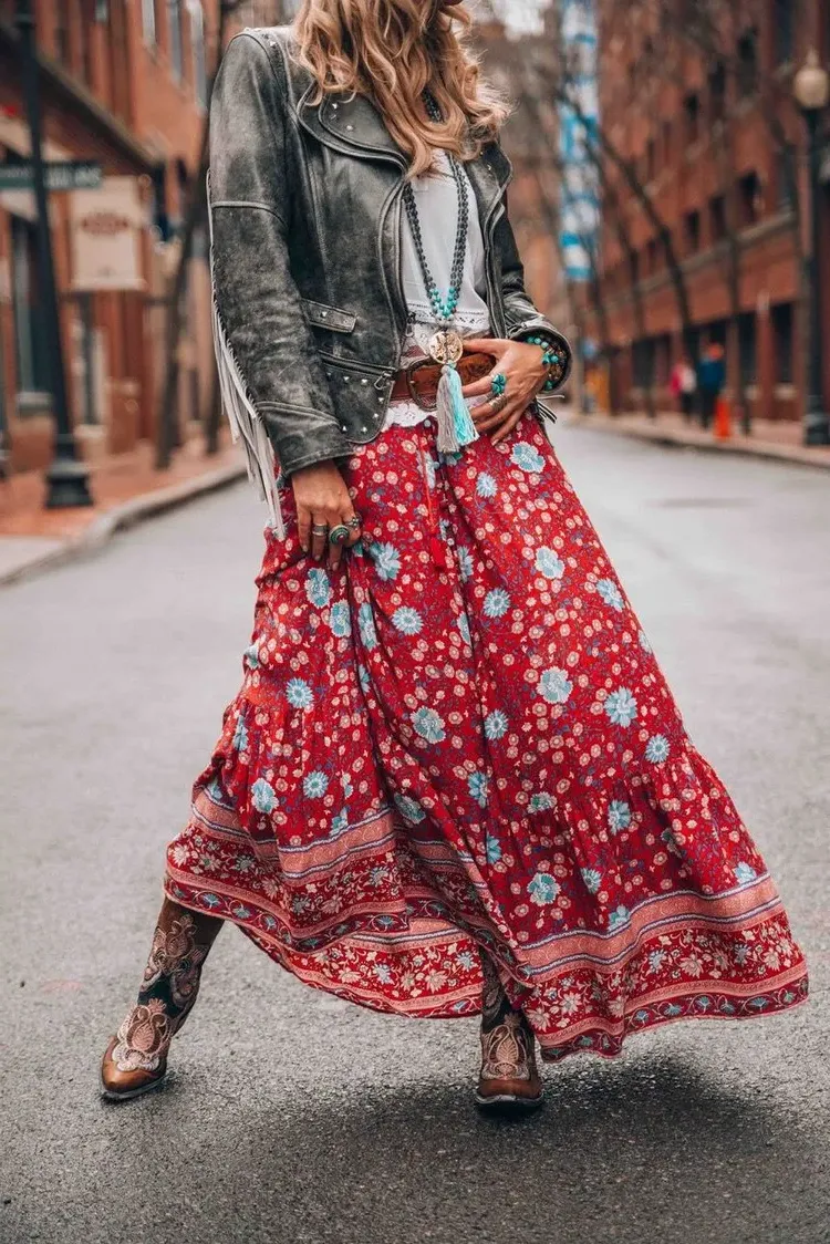 Leather jacket airy floral skirt and cowboy boots