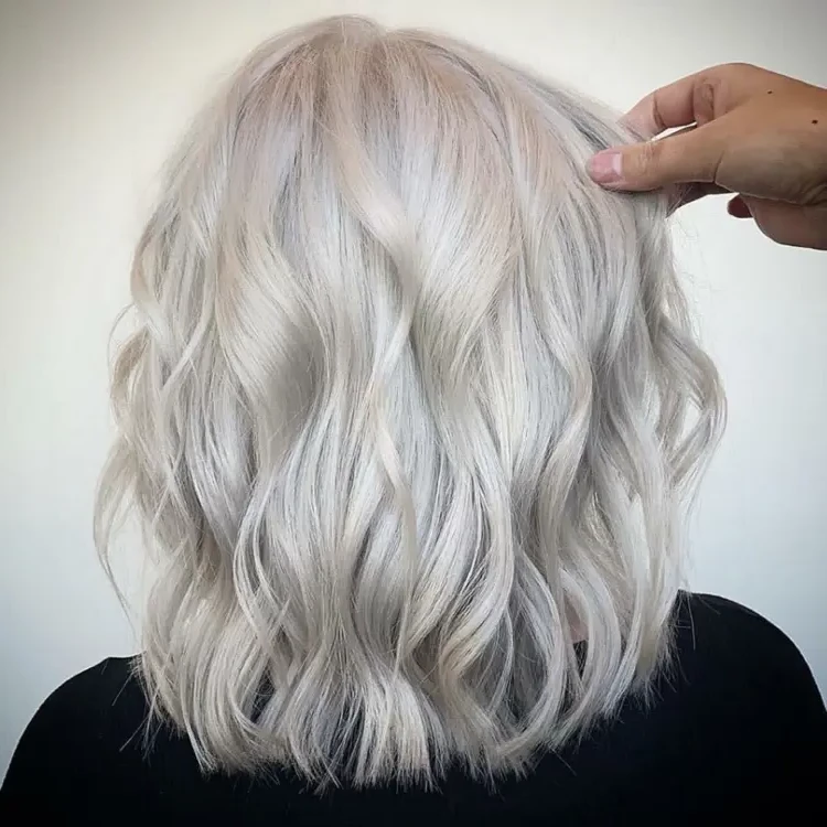 Light silver grey with waves long bob hairstyle