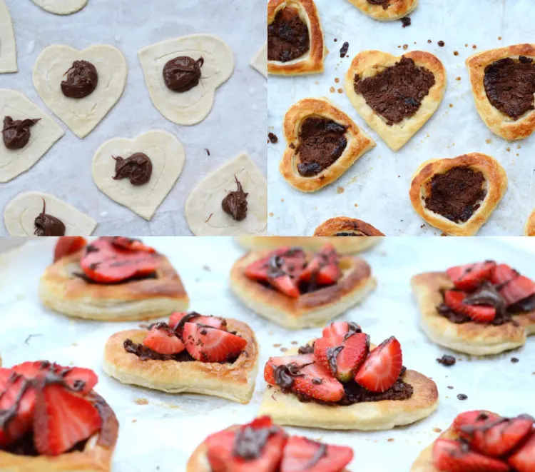 Puff pastry hearts with strawberries and Nutella