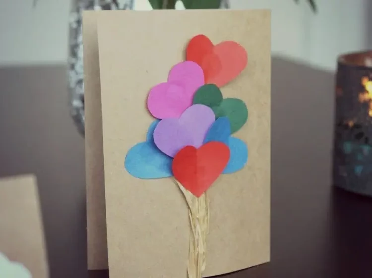 Easy Valentines Day crafts for kids ideas DIY card with paper hearts