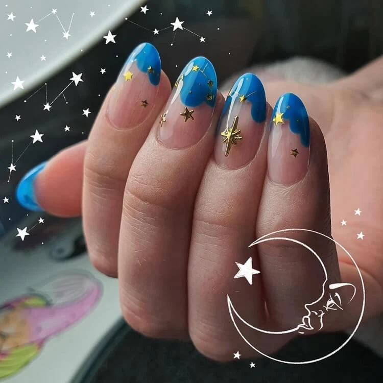 almond nails blue french manicure golden stars and constellations stickers