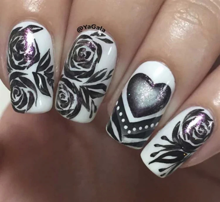 anti Valentine's Day nails black roses and black heart
