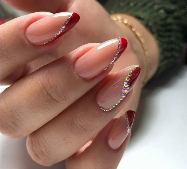 beautiful elegant nail design art rhinestones red French