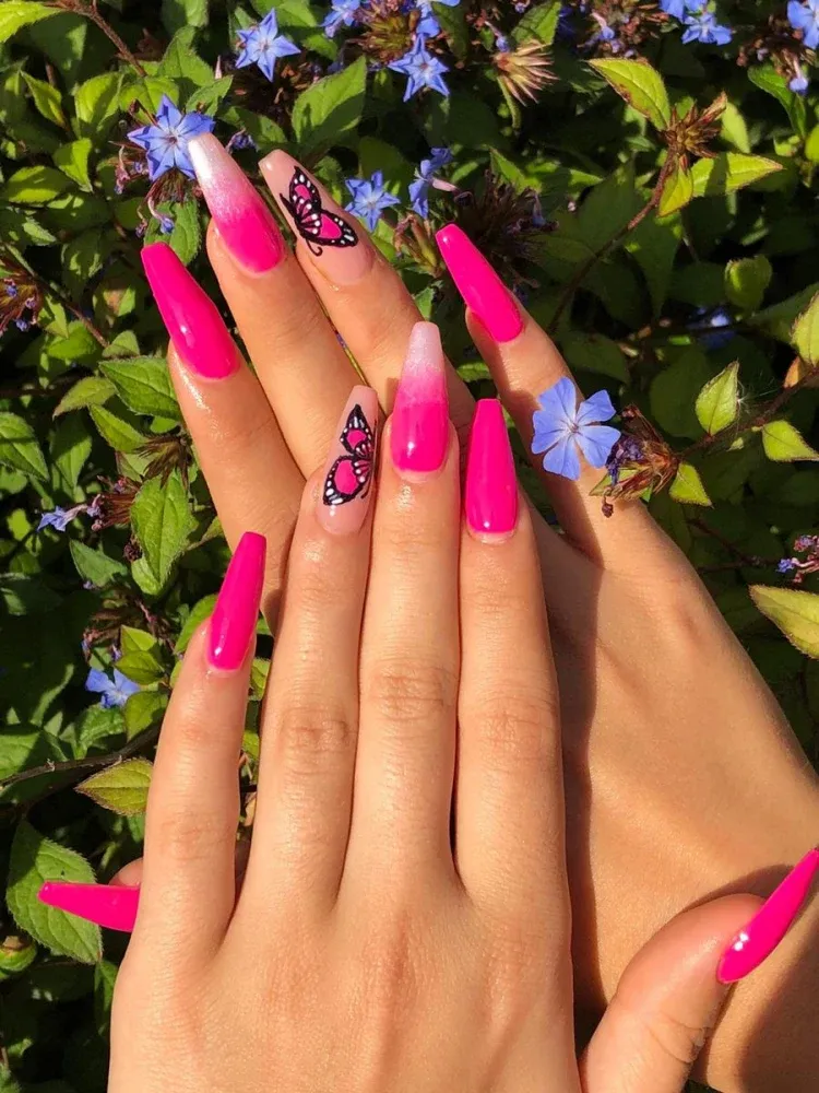 bright and bold pink nails butterfly decoration