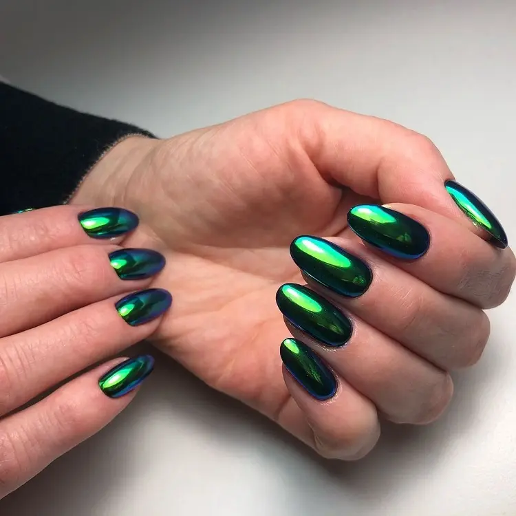 chrome nails dark green emerald color design
