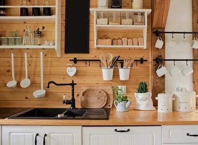 decorate a kitchen wall shelf wood panels trend 2023
