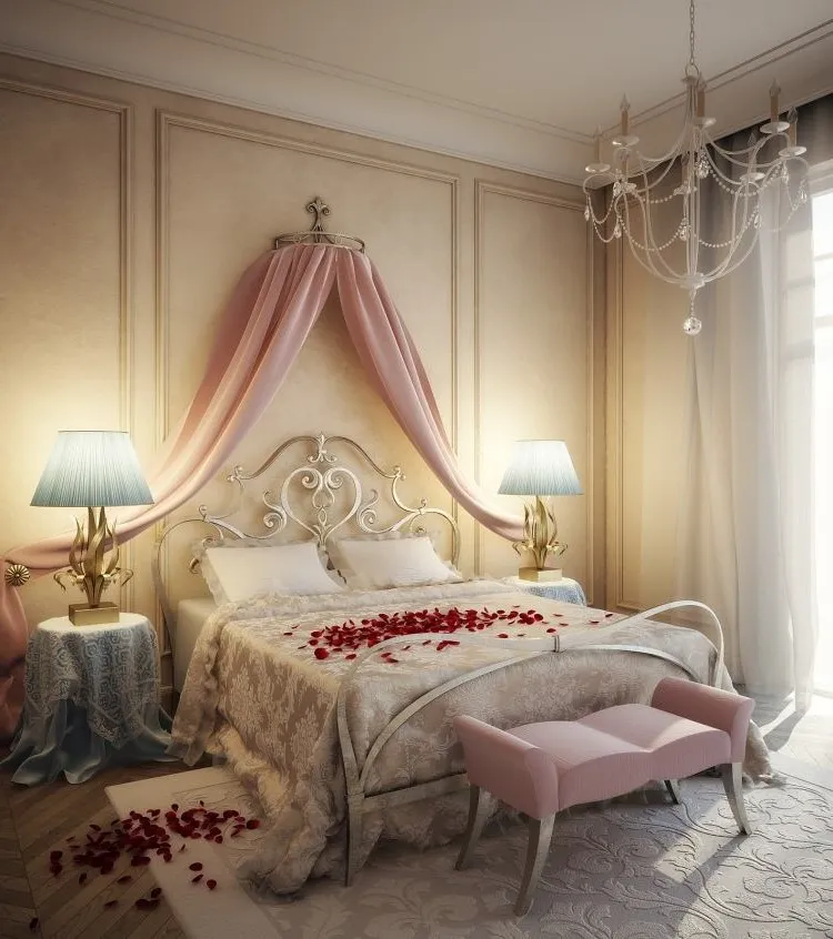 decoration-ideas-valentine's-day-bed-romantic-vintage-iron-bed-pattern-fabrics-chandelier