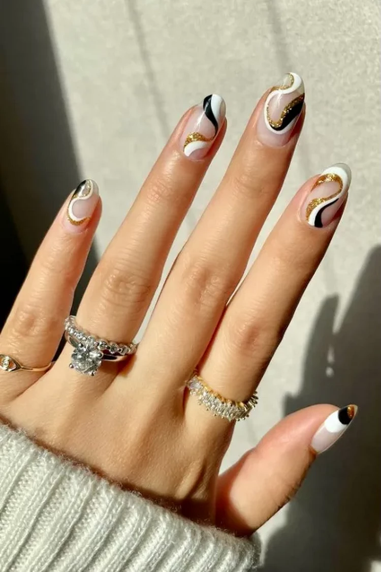 elegant swirl nail art design ideas gold glitter