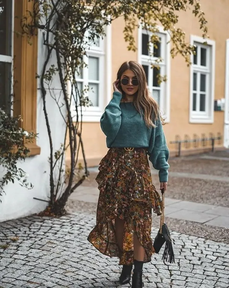 floral boho skirt with an oversized sweater
