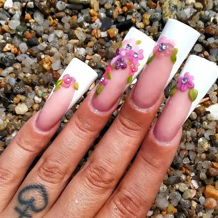 french nails_french manicure with flower decorations