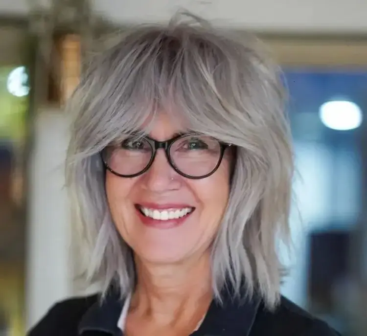gray hairstyles ideas 2023 shaggy bob haircut bangs for women over 50