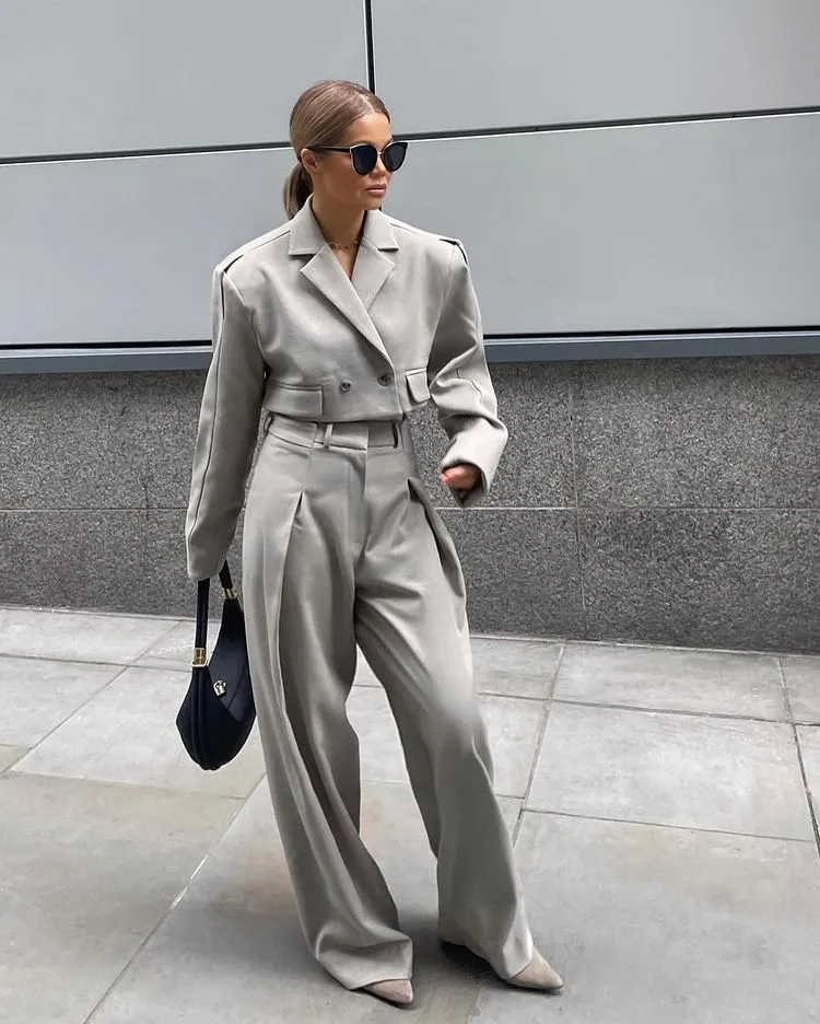 gray women suit with a cropped blazer trends