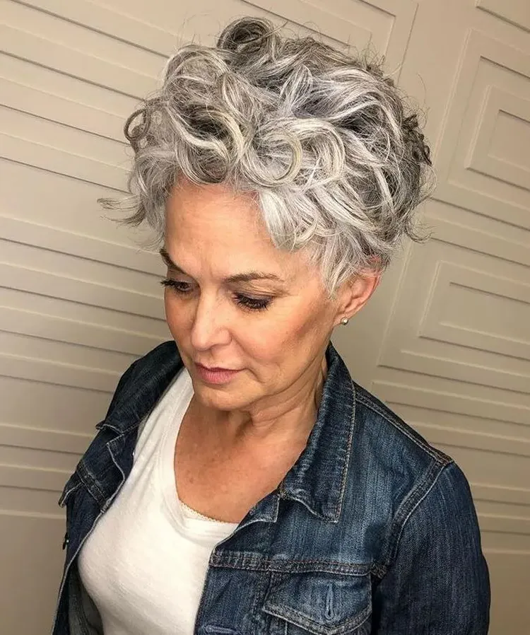hair color trends 2023 short curly hairstyle for women with silver mane