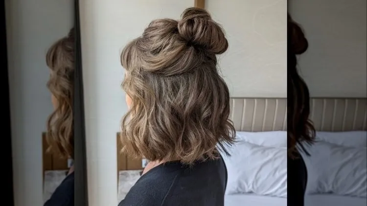 half bun cute hairdo for mid length hair
