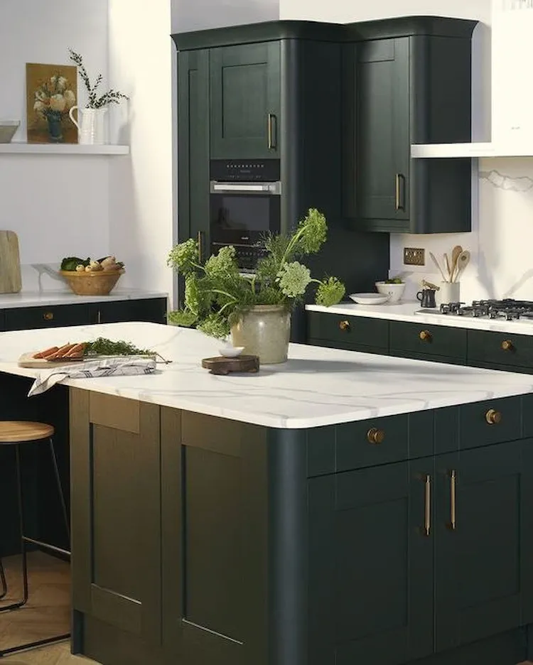 kitchen cabinets matching earthy colors like dark green