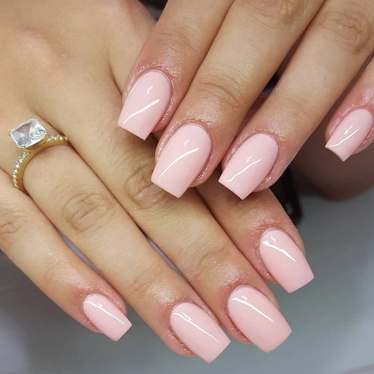 light pink manicure glossy square nails medium length