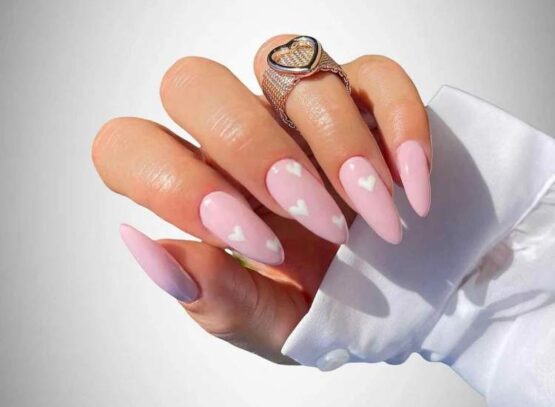 light pink nails white hearts simple cute idea