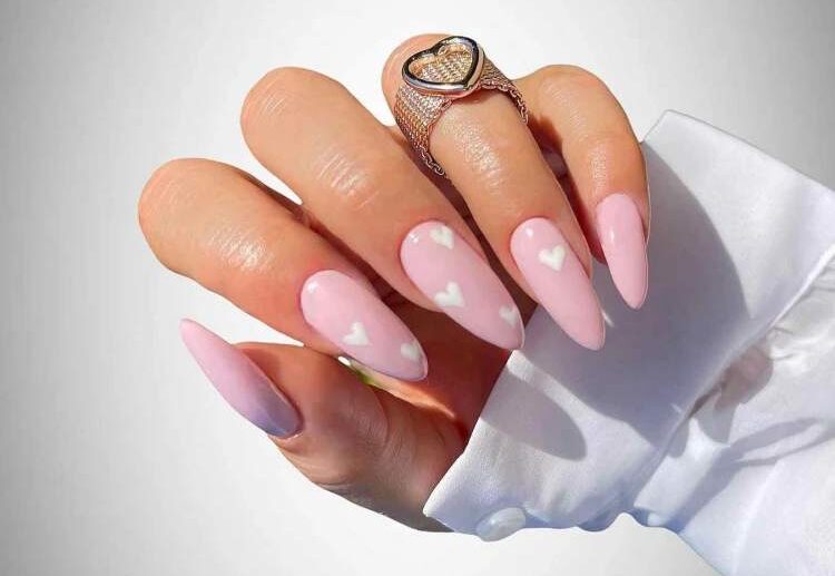 light pink nails white hearts simple cute idea