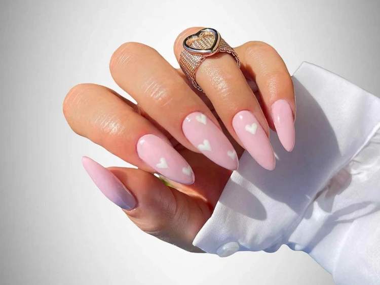 light pink nails white hearts simple cute idea