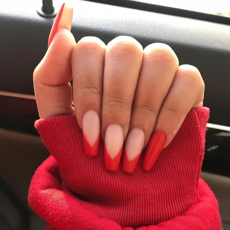 long square nails red french manicure