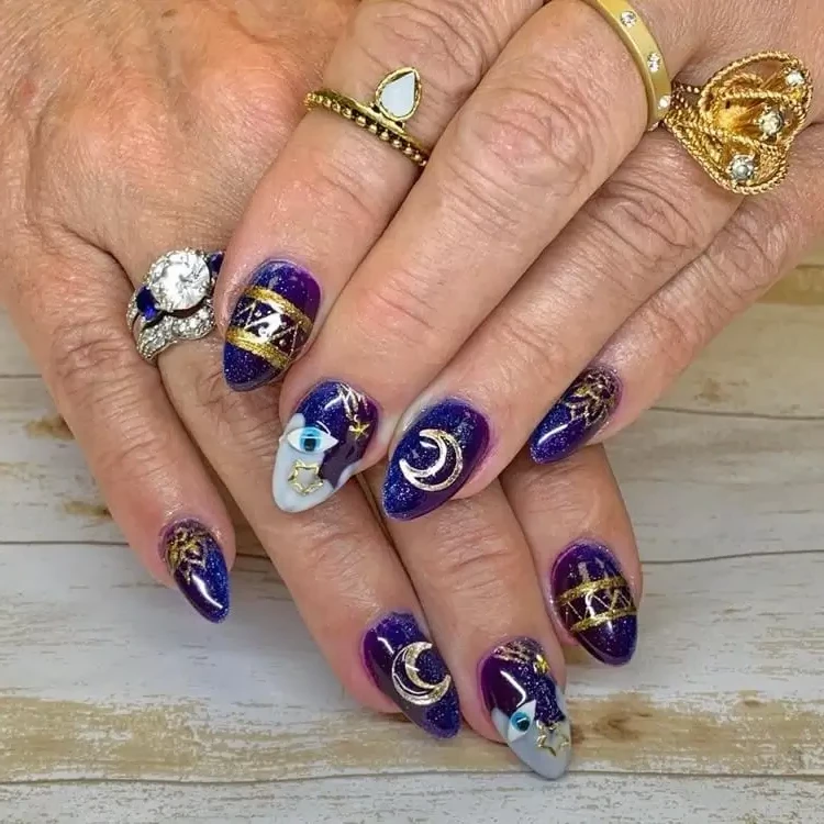 manicure women after 50 blue violet nail art astrological half moon eye of providence