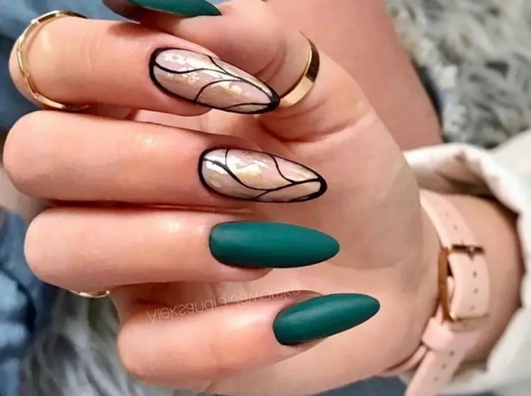 matte nail design emerald green black gold